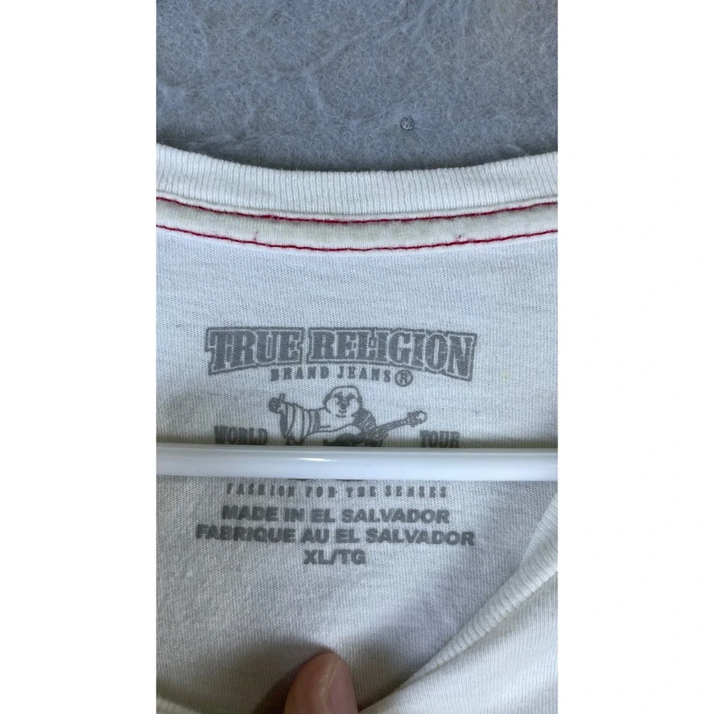 True Religion Graphic Tee Mens XL Cream Good Buddha Logo World Tour Short Sleeve